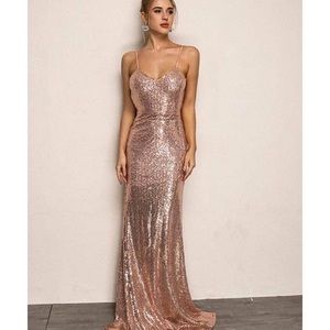 Champagne Rose gold sequin backless mermaid dress